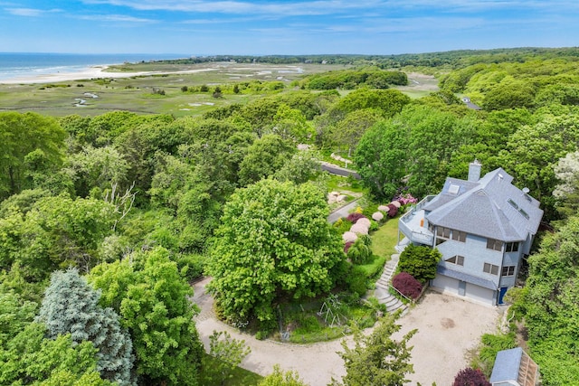 aerial view featuring a water view and a beach view