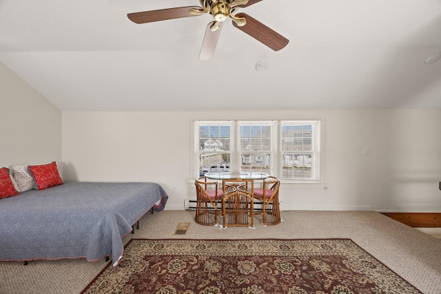 carpeted bedroom featuring baseboards, a ceiling fan, a baseboard heating unit, and lofted ceiling