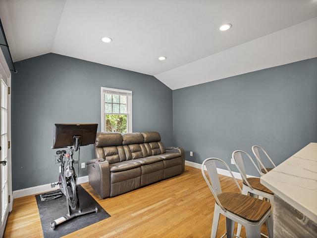 9 Cogswell Path, West Yarmouth, MA 02673 - workout room with lofted ceiling, light wood finished floors, baseboards, and recessed lighting