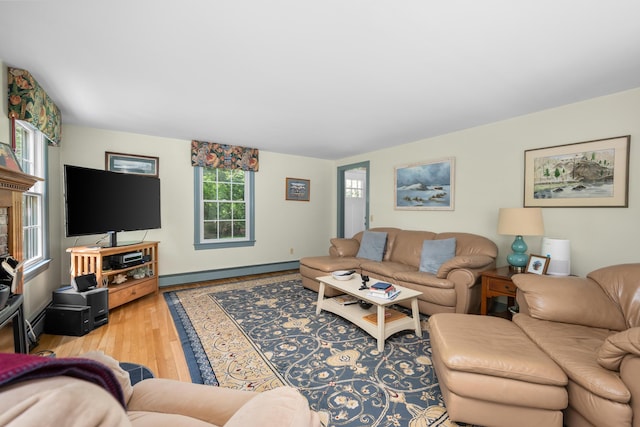 living area featuring a baseboard radiator, wood finished floors, and baseboards