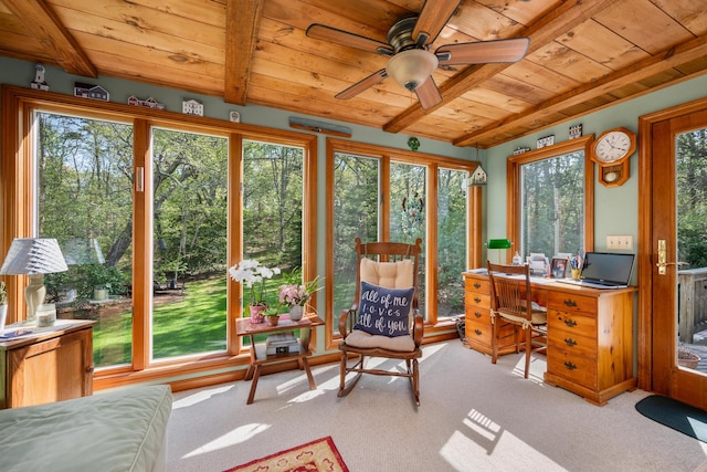 sunroom / solarium featuring wooden ceiling, carpet, and beam ceiling