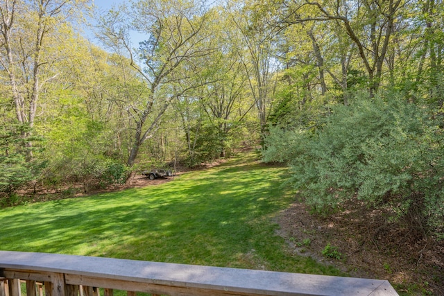 view of grassy yard featuring a wooded view