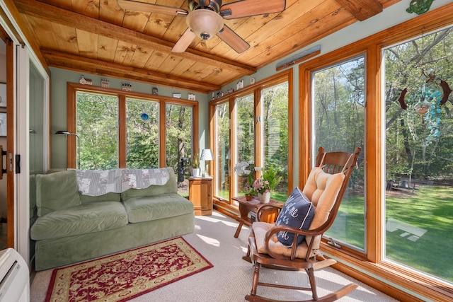 sunroom with wooden ceiling, a baseboard heating unit, beam ceiling, and carpet