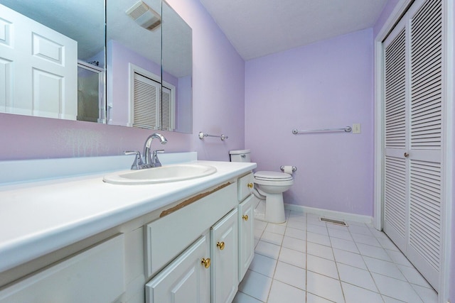 bathroom with tile patterned floors, visible vents, toilet, a closet, and vanity