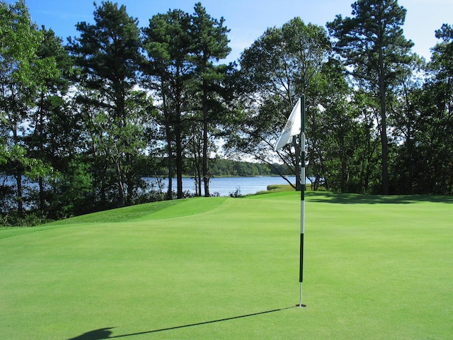 view of property's community featuring a yard, view of golf course, and a water view