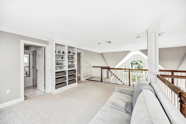 living room featuring baseboards, ornamental molding, carpet floors, visible vents, and lofted ceiling