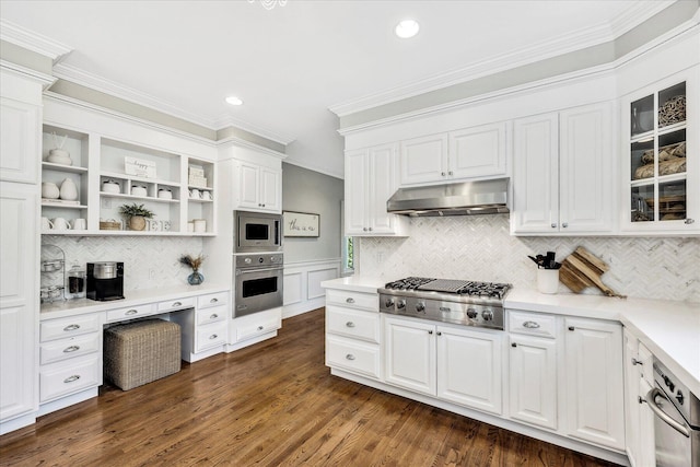 kitchen featuring white cabinetry, under cabinet range hood, ornamental molding, and stainless steel appliances