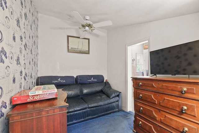 130 Wimbledon Dr, West Yarmouth, MA 02673 - living area featuring dark carpet and ceiling fan