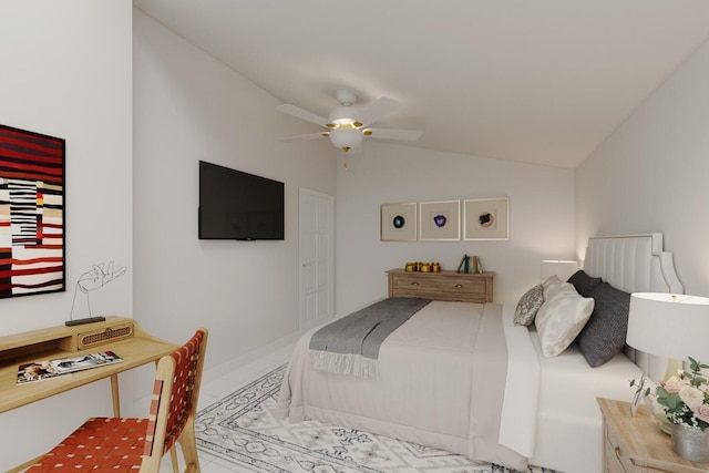 130 Wimbledon Dr, West Yarmouth, MA 02673 - bedroom featuring lofted ceiling, a ceiling fan, and tile patterned floors