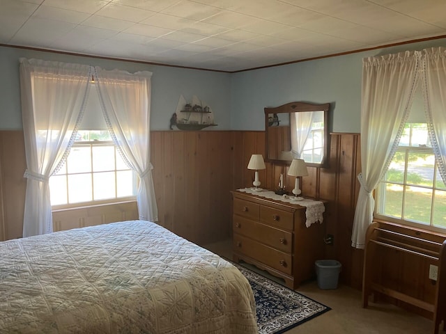 131 Forest Beach Rd, South Chatham, MA 02659 - bedroom with wainscoting, wooden walls, ornamental molding, and carpet flooring