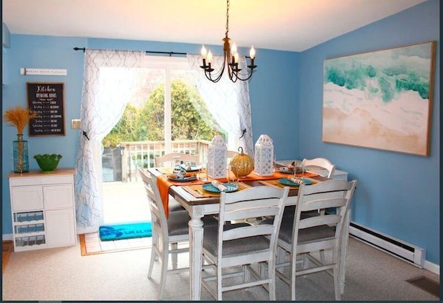4 Coffey Ln, Dennis Port, MA 02639 - dining room with baseboard heating, a chandelier, and carpet