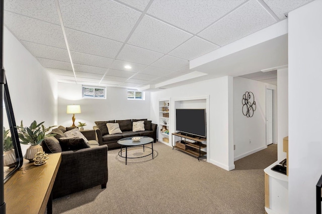 13 Pickerel Way, Forestdale, MA 02644 - living area with carpet, a paneled ceiling, baseboards, and recessed lighting
