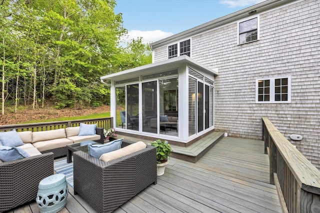 13 Pickerel Way, Forestdale, MA 02644 - wooden deck with an outdoor hangout area and a sunroom