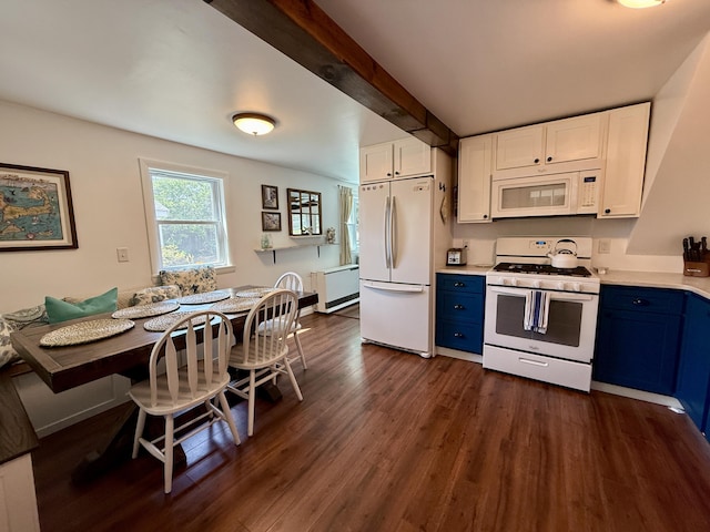 9 Kens Way W, Yarmouth, MA 02673 - kitchen featuring white appliances, blue cabinets, dark wood-style flooring, breakfast area, and white cabinetry