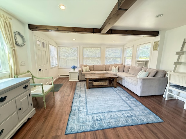 9 Kens Way W, Yarmouth, MA 02673 - living area with dark wood-type flooring, beam ceiling, cooling unit, a baseboard heating unit, and recessed lighting