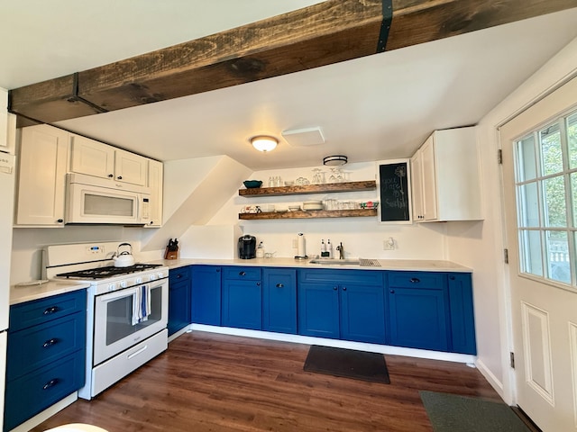 9 Kens Way W, Yarmouth, MA 02673 - kitchen with white appliances, blue cabinets, dark wood-type flooring, and light countertops