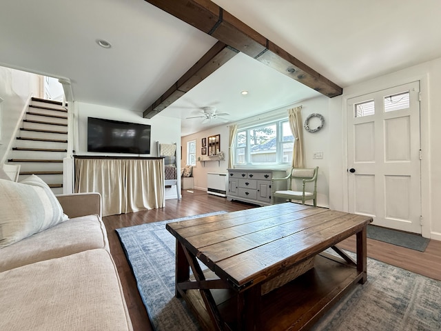 9 Kens Way W, Yarmouth, MA 02673 - living room featuring dark wood-type flooring, beamed ceiling, stairs, ceiling fan, and recessed lighting