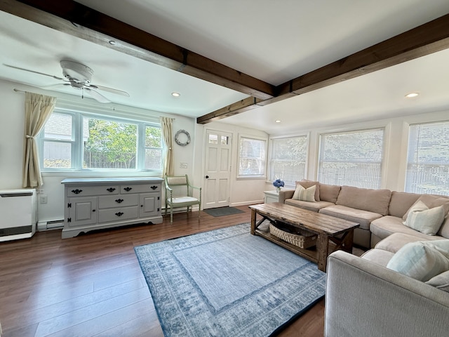 9 Kens Way W, Yarmouth, MA 02673 - living room with beam ceiling, dark wood-style flooring, ceiling fan, and recessed lighting