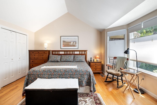 248 Kates Path, Yarmouth Port, MA 02675 - bedroom with lofted ceiling, light wood finished floors, and a closet