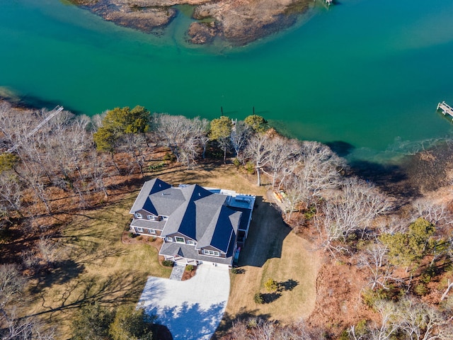 drone / aerial view featuring a water view