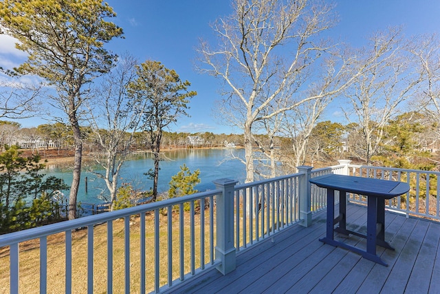 wooden deck featuring a water view and a yard