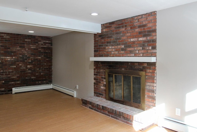 103 Braeside Rd, West Falmouth, MA 02540 - unfurnished living room with a brick fireplace, recessed lighting, baseboard heating, and wood finished floors