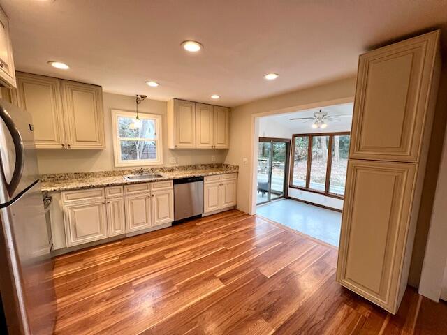 kitchen featuring light wood-style flooring, hanging light fixtures, a sink, stainless steel appliances, and a wealth of natural light