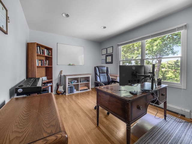 50 View Crest Dr, Falmouth, MA 02540 - home office with light wood-style floors, baseboard heating, and recessed lighting
