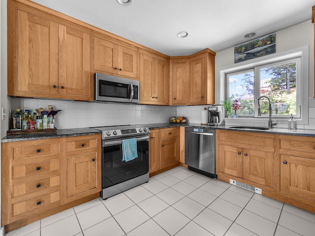 50 View Crest Dr, Falmouth, MA 02540 - kitchen featuring appliances with stainless steel finishes, decorative backsplash, brown cabinets, dark stone countertops, and recessed lighting