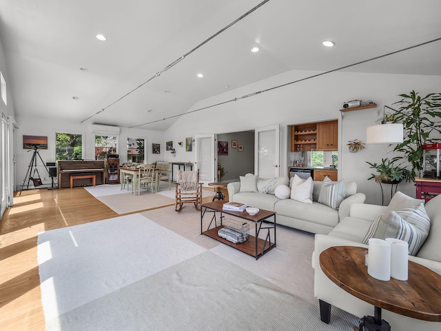 50 View Crest Dr, Falmouth, MA 02540 - living area with lofted ceiling, light wood-style flooring, and recessed lighting