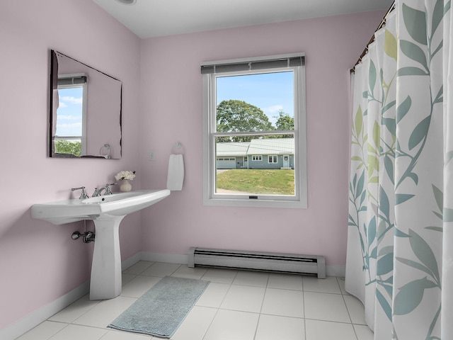 50 View Crest Dr, Falmouth, MA 02540 - full bathroom with a baseboard heating unit, a shower with curtain, and tile patterned floors