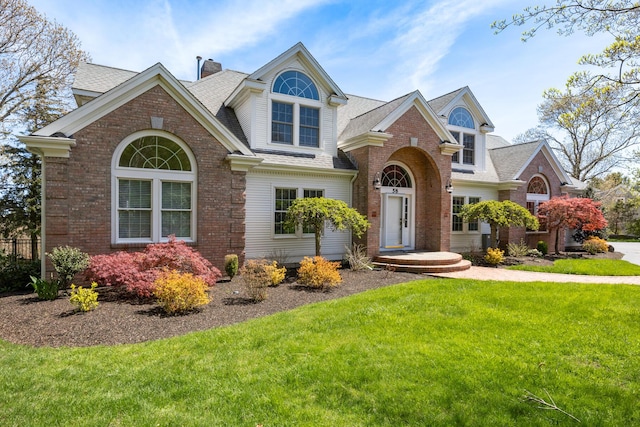traditional-style home with brick siding, a front lawn, a shingled roof, and a chimney