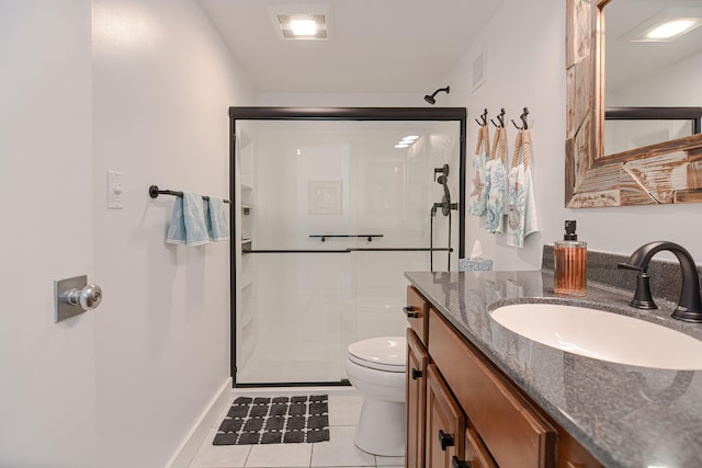 bathroom featuring vanity, tile patterned flooring, a shower with shower door, and toilet