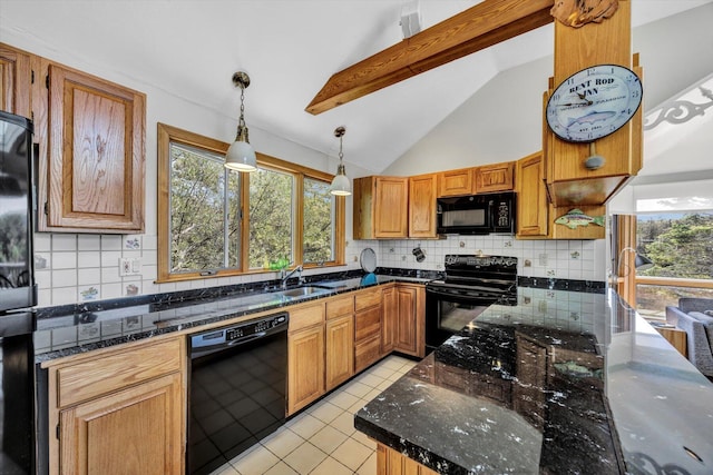 3 Amber Way, Truro, MA 02666 - kitchen with black appliances, lofted ceiling, tasteful backsplash, decorative light fixtures, and light tile patterned floors