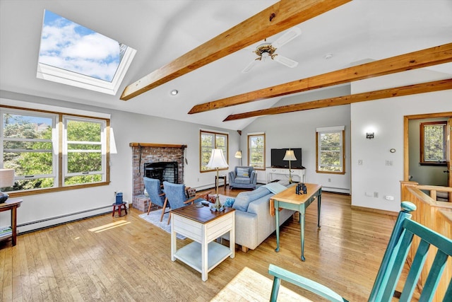 3 Amber Way, Truro, MA 02666 - living area with a brick fireplace, light wood finished floors, a skylight, a baseboard heating unit, and baseboard heating
