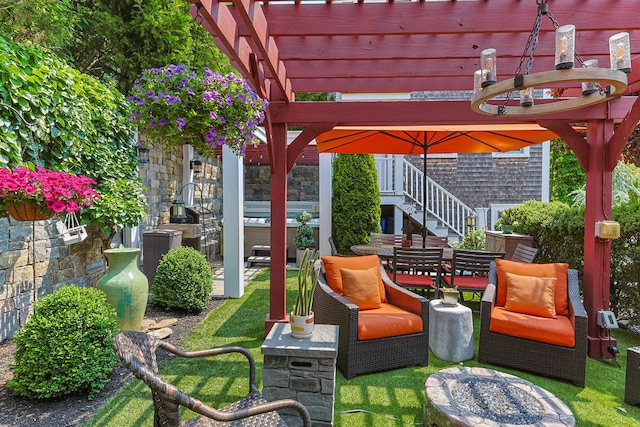 29 Point St, Provincetown, MA 02657 - view of patio / terrace with a pergola, stairs, and outdoor dining space