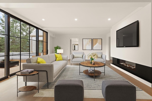 living room with floor to ceiling windows and light hardwood / wood-style flooring