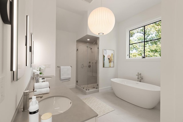 bathroom featuring vanity and plus walk in shower