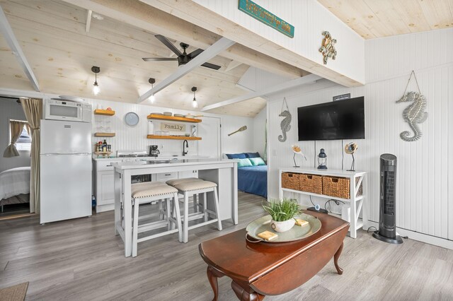 241 Old Wharf Rd Unit 90, Dennis Port, MA 02639 - living room featuring wood finished floors, a ceiling fan, and wood ceiling