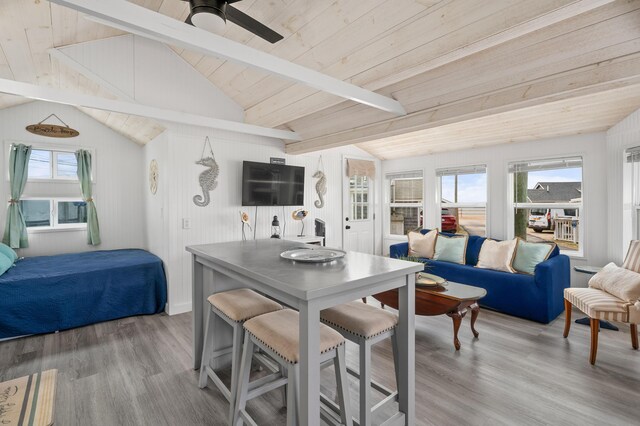 241 Old Wharf Rd Unit 90, Dennis Port, MA 02639 - dining area with light wood finished floors, wood ceiling, and a ceiling fan