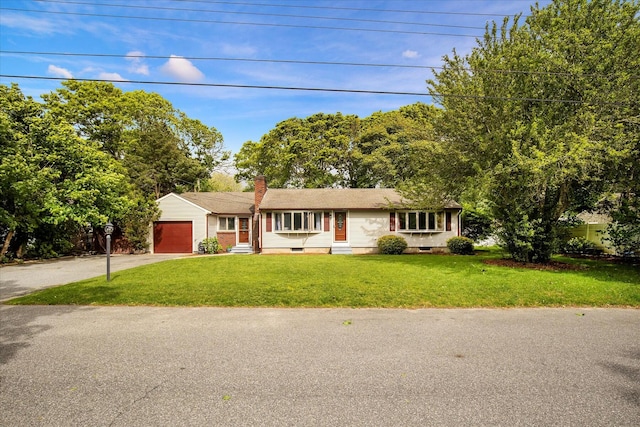 298 Oakland Rd, Hyannis, MA 02601 - single story home with driveway, a front yard, a garage, and a chimney
