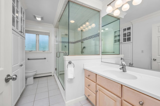 full bath featuring crown molding, baseboard heating, tile patterned flooring, toilet, and a stall shower