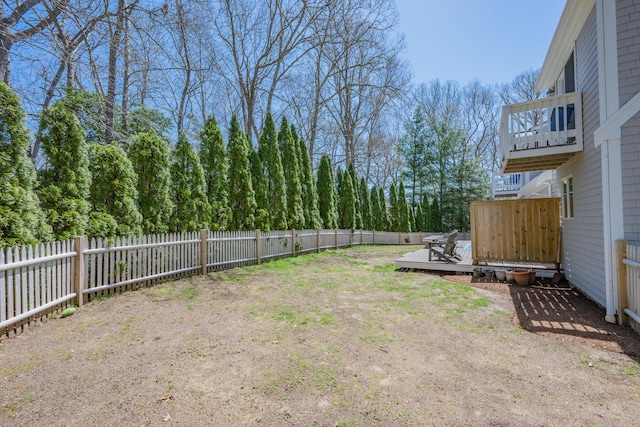 view of yard featuring a fenced backyard and a wooden deck