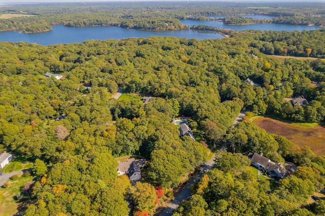 aerial view featuring a water view and a view of trees