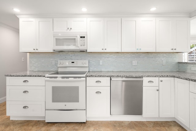 6 Harrington Way, Hyannis, MA 02601 - kitchen featuring white appliances, white cabinetry, light stone counters, crown molding, and recessed lighting