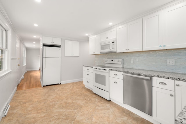 6 Harrington Way, Hyannis, MA 02601 - kitchen with white appliances, backsplash, white cabinets, baseboards, and crown molding