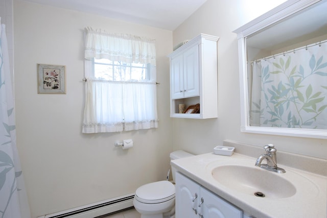 19 Featherbed Ln, Brewster, MA 02631 - full bathroom featuring a baseboard heating unit, vanity, toilet, and a shower with curtain