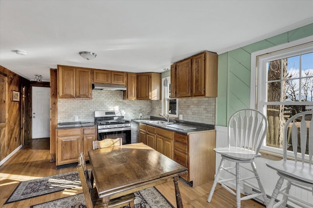 kitchen featuring sink, stainless steel range with gas cooktop, and light hardwood / wood-style floors