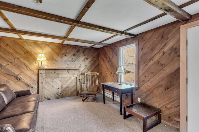 living area with coffered ceiling, beam ceiling, and carpet