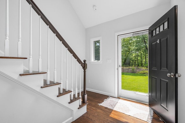 23 Walkerwoods Dr, Harwich, MA 02645 - entryway with stairway, vaulted ceiling, and wood finished floors